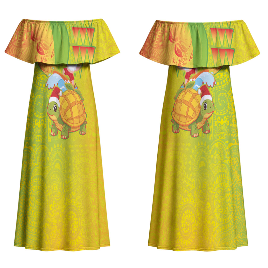 Hawaiian Mango Mele Kalikimaka Couples Matching Off Shoulder Maxi Dress and Hawaiian Shirt Santa Claus Surfing with Turtle Mango Christmas