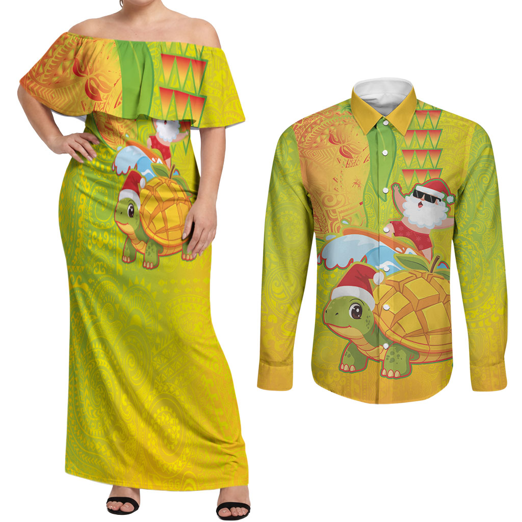 Hawaiian Mango Mele Kalikimaka Couples Matching Off Shoulder Maxi Dress and Long Sleeve Button Shirt Santa Claus Surfing with Turtle Mango Christmas