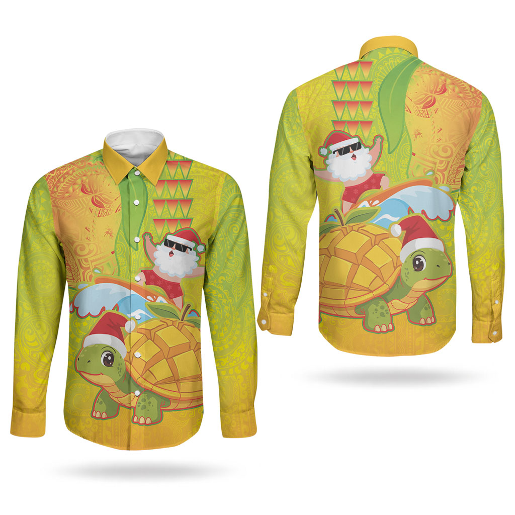 Hawaiian Mango Mele Kalikimaka Couples Matching Off Shoulder Maxi Dress and Long Sleeve Button Shirt Santa Claus Surfing with Turtle Mango Christmas