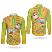 Hawaiian Mango Mele Kalikimaka Couples Matching Off Shoulder Maxi Dress and Long Sleeve Button Shirt Santa Claus Surfing with Turtle Mango Christmas