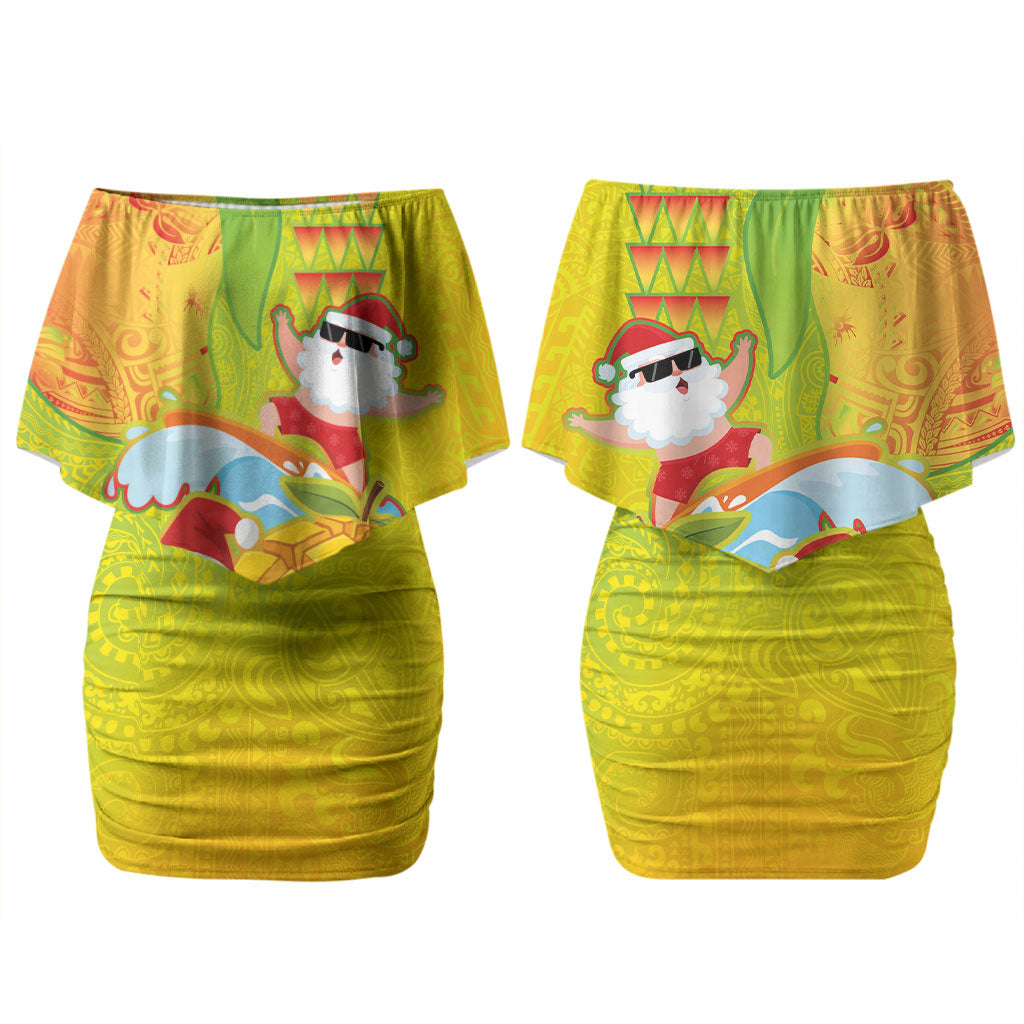 Hawaiian Mango Mele Kalikimaka Couples Matching Off Shoulder Short Dress and Hawaiian Shirt Santa Claus Surfing with Turtle Mango Christmas