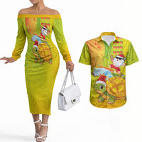 Hawaiian Mango Mele Kalikimaka Couples Matching Off The Shoulder Long Sleeve Dress and Hawaiian Shirt Santa Claus Surfing with Turtle Mango Christmas LT03 Multicolor - Polynesian Pride