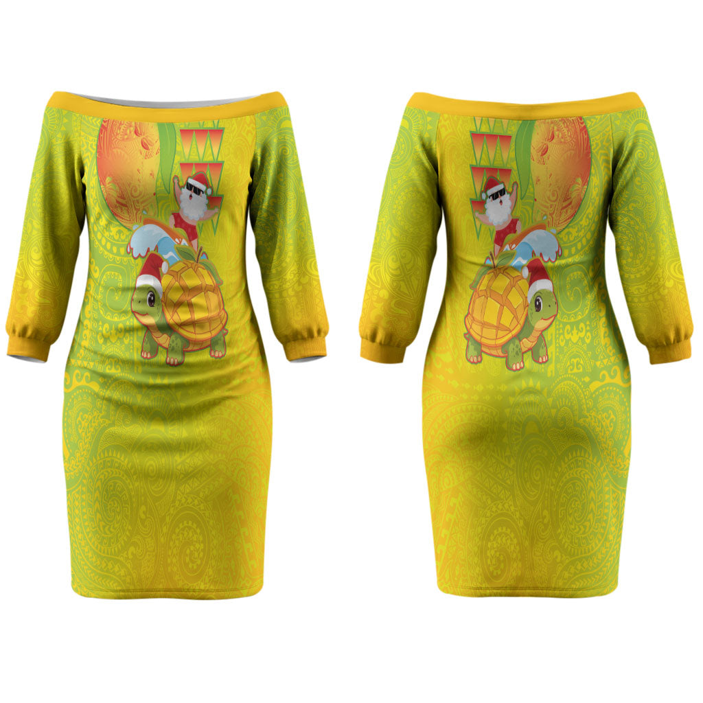 Hawaiian Mango Mele Kalikimaka Couples Matching Off The Shoulder Long Sleeve Dress and Hawaiian Shirt Santa Claus Surfing with Turtle Mango Christmas LT03 - Polynesian Pride
