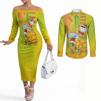 Hawaiian Mango Mele Kalikimaka Couples Matching Off The Shoulder Long Sleeve Dress and Long Sleeve Button Shirt Santa Claus Surfing with Turtle Mango Christmas