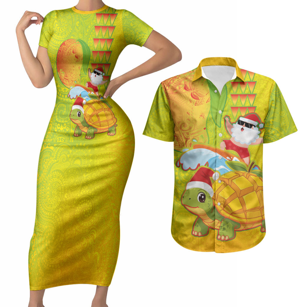 Hawaiian Mango Mele Kalikimaka Couples Matching Short Sleeve Bodycon Dress and Hawaiian Shirt Santa Claus Surfing with Turtle Mango Christmas