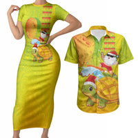 Hawaiian Mango Mele Kalikimaka Couples Matching Short Sleeve Bodycon Dress and Hawaiian Shirt Santa Claus Surfing with Turtle Mango Christmas