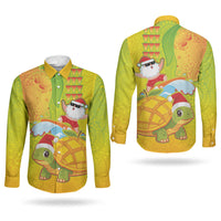 Hawaiian Mango Mele Kalikimaka Couples Matching Short Sleeve Bodycon Dress and Long Sleeve Button Shirt Santa Claus Surfing with Turtle Mango Christmas