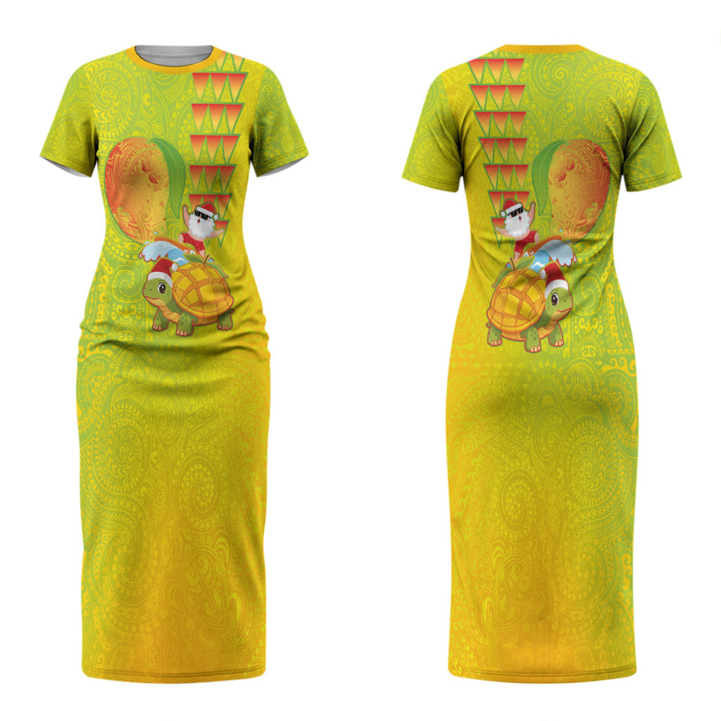 Hawaiian Mango Mele Kalikimaka Couples Matching Short Sleeve Bodycon Dress and Long Sleeve Button Shirt Santa Claus Surfing with Turtle Mango Christmas