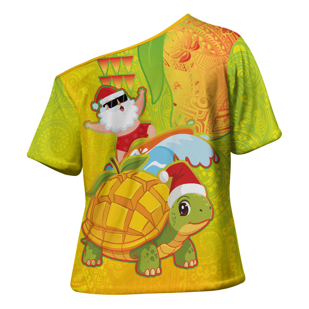 Hawaiian Mango Mele Kalikimaka Cross Shoulder Shirt Santa Claus Surfing with Turtle Mango Christmas