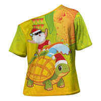 Hawaiian Mango Mele Kalikimaka Cross Shoulder Shirt Santa Claus Surfing with Turtle Mango Christmas