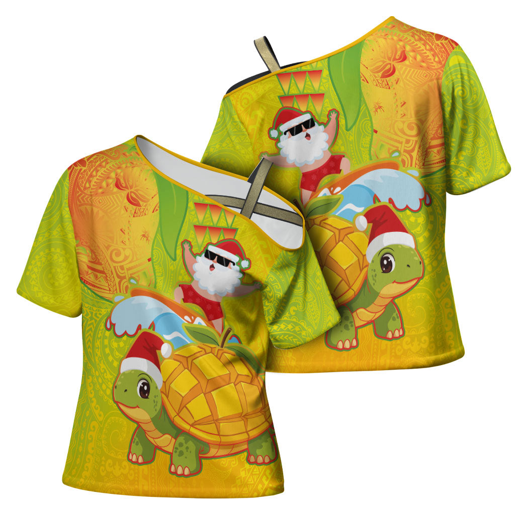 Hawaiian Mango Mele Kalikimaka Cross Shoulder Shirt Santa Claus Surfing with Turtle Mango Christmas