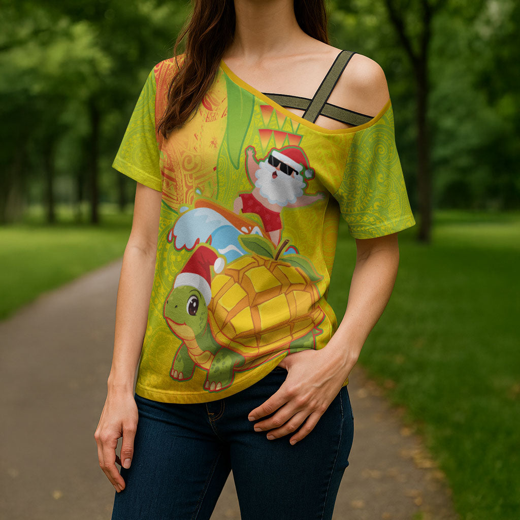 Hawaiian Mango Mele Kalikimaka Cross Shoulder Shirt Santa Claus Surfing with Turtle Mango Christmas