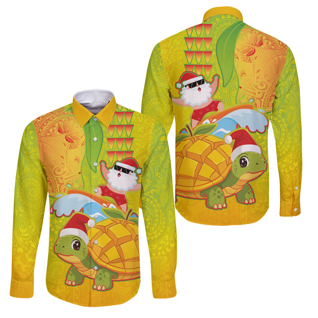 Hawaiian Mango Mele Kalikimaka Family Matching Long Sleeve Bodycon Dress and Hawaiian Shirt Santa Claus Surfing with Turtle Mango Christmas