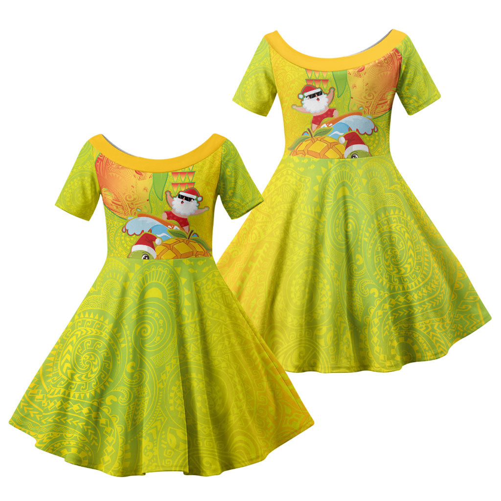Hawaiian Mango Mele Kalikimaka Family Matching Long Sleeve Bodycon Dress and Hawaiian Shirt Santa Claus Surfing with Turtle Mango Christmas