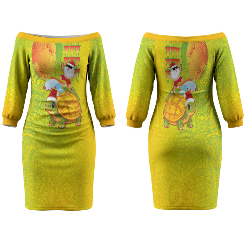 Hawaiian Mango Mele Kalikimaka Family Matching Off The Shoulder Long Sleeve Dress and Hawaiian Shirt Santa Claus Surfing with Turtle Mango Christmas