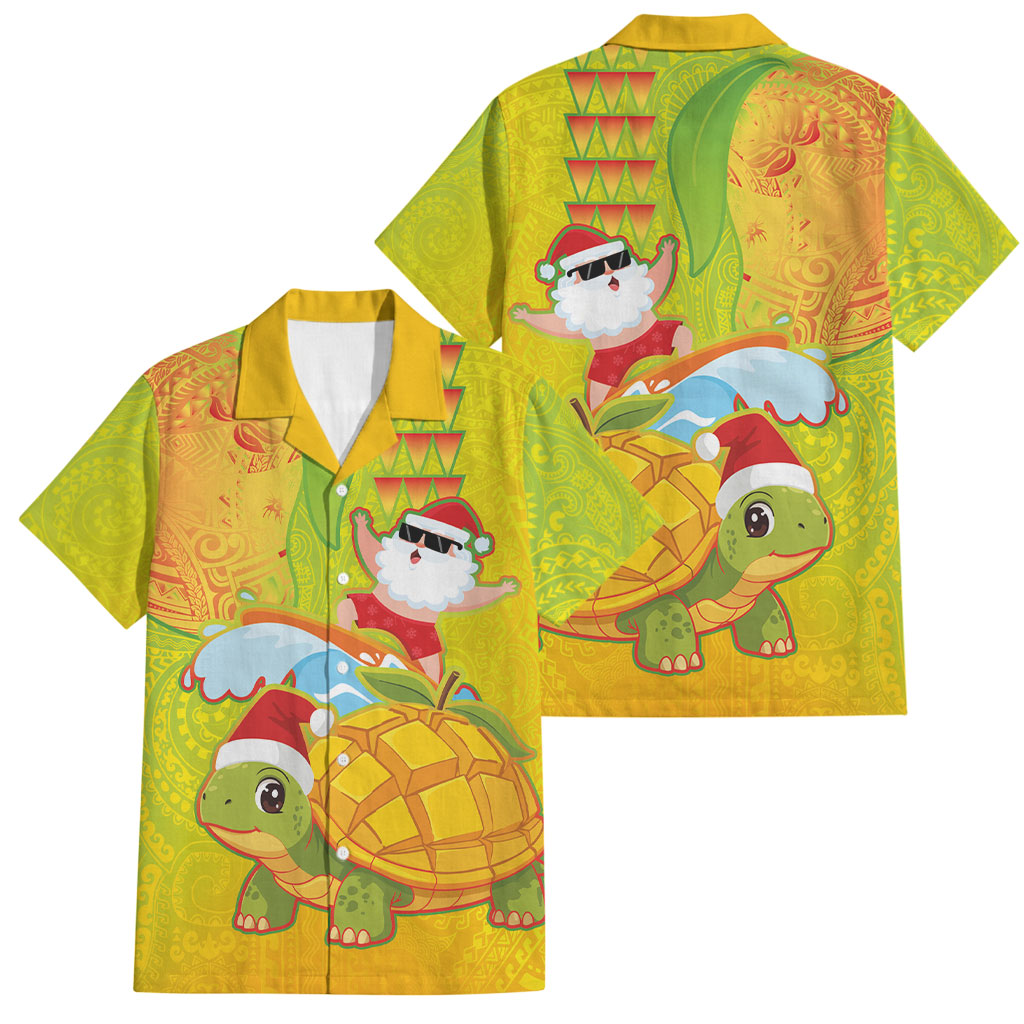 Hawaiian Mango Mele Kalikimaka Family Matching Off The Shoulder Long Sleeve Dress and Hawaiian Shirt Santa Claus Surfing with Turtle Mango Christmas