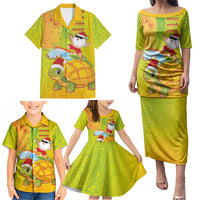 Hawaiian Mango Mele Kalikimaka Family Matching Puletasi and Hawaiian Shirt Santa Claus Surfing with Turtle Mango Christmas