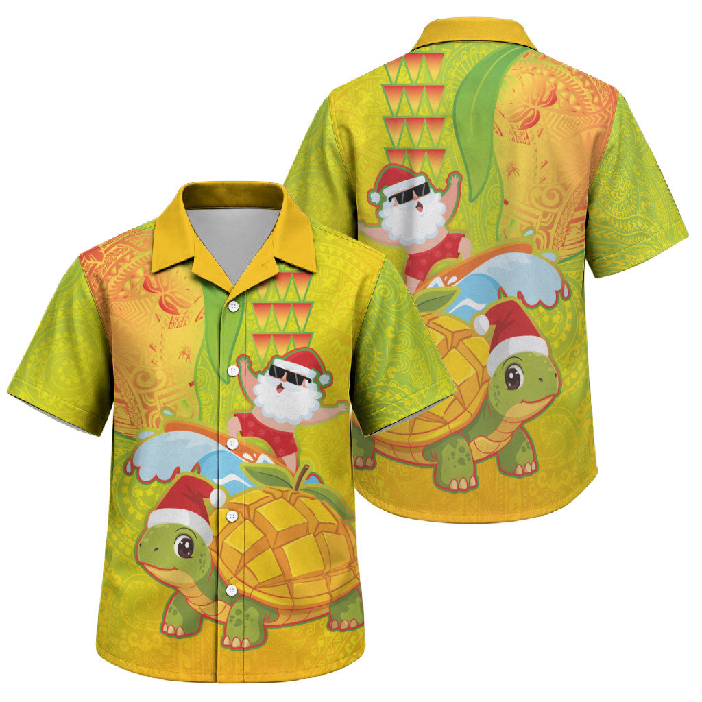 Hawaiian Mango Mele Kalikimaka Family Matching Puletasi and Hawaiian Shirt Santa Claus Surfing with Turtle Mango Christmas