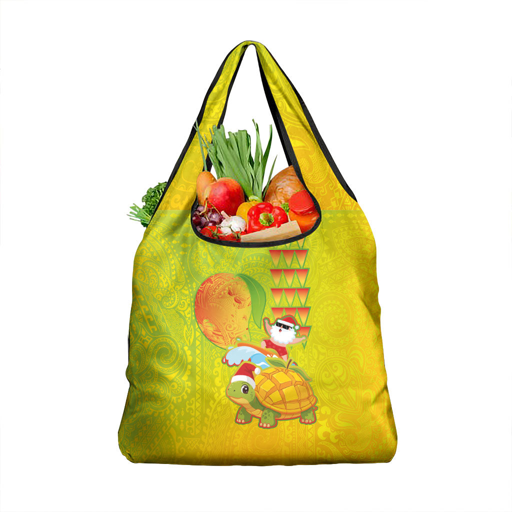 Hawaiian Mango Mele Kalikimaka Grocery Bag Santa Claus Surfing with Turtle Mango Christmas