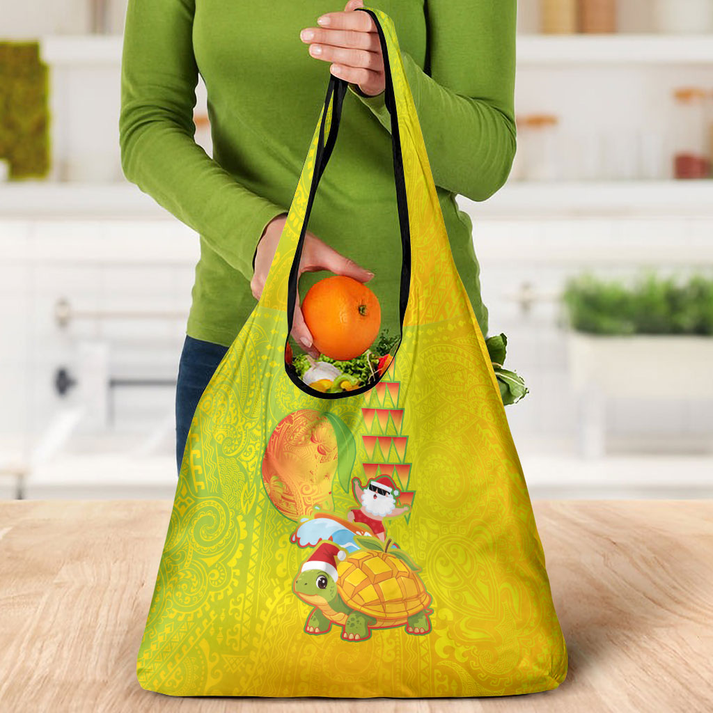 Hawaiian Mango Mele Kalikimaka Grocery Bag Santa Claus Surfing with Turtle Mango Christmas