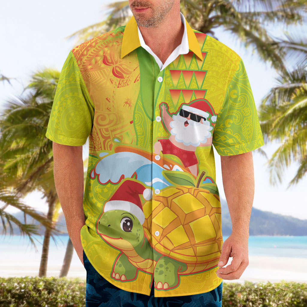 Hawaiian Mango Mele Kalikimaka Hawaiian Shirt Santa Claus Surfing with Turtle Mango Christmas