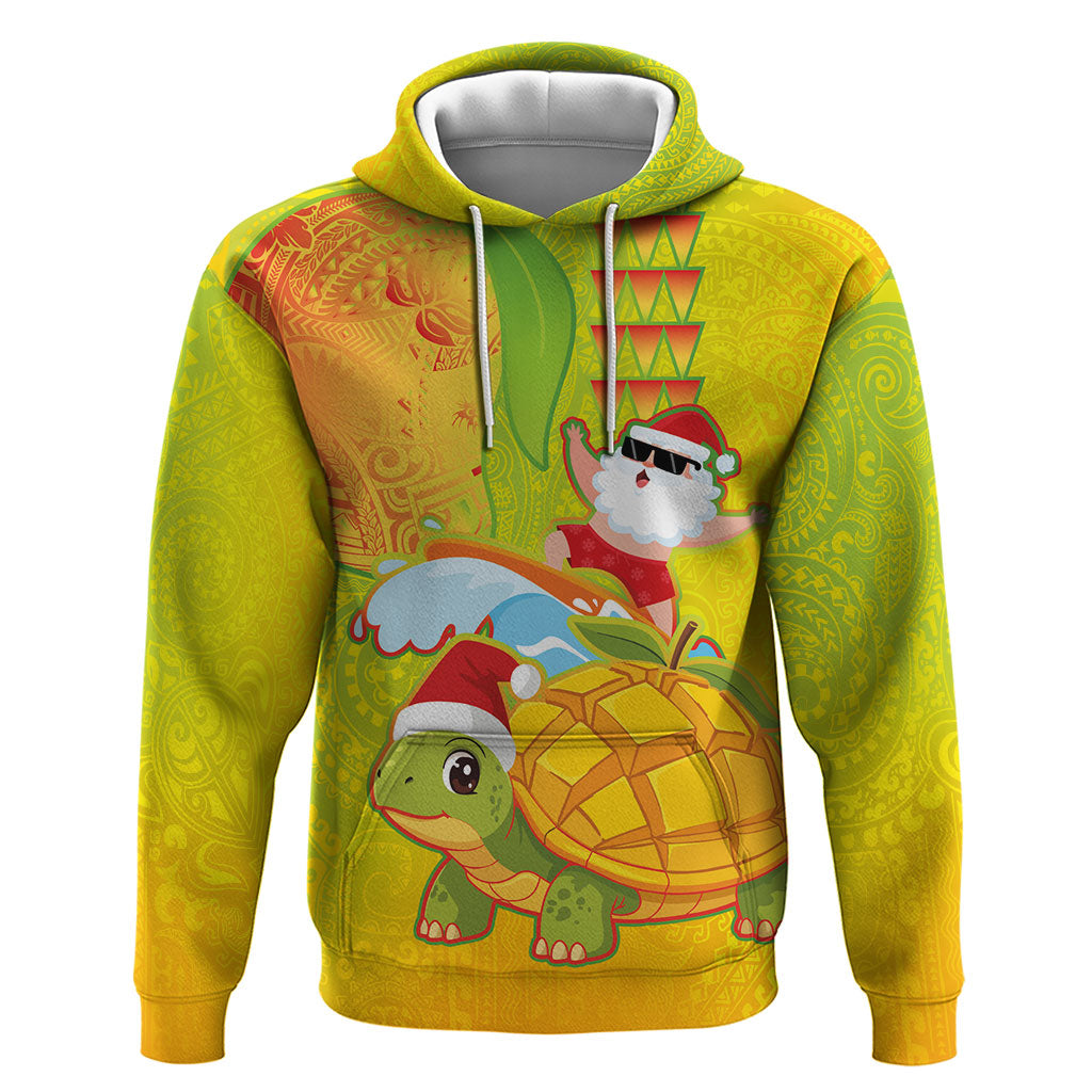 Hawaiian Mango Mele Kalikimaka Hoodie Santa Claus Surfing with Turtle Mango Christmas