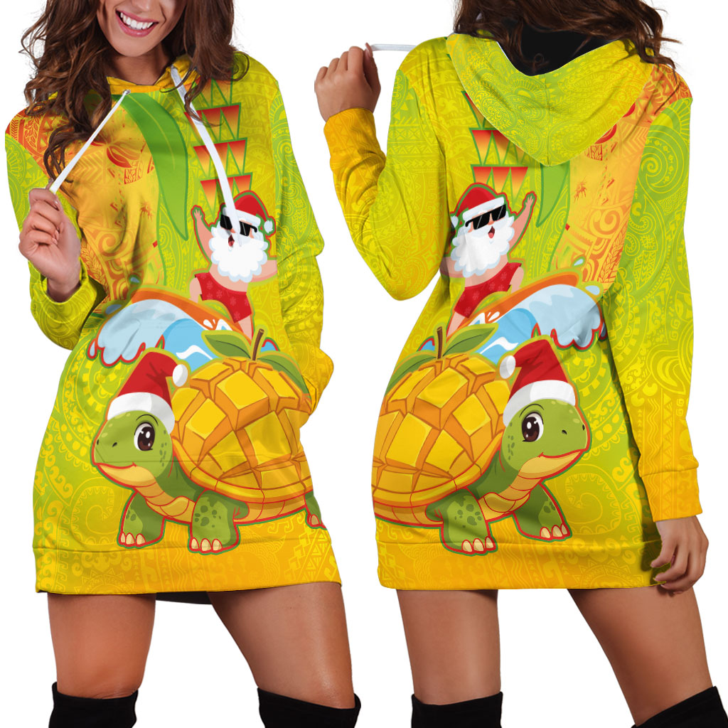 Hawaiian Mango Mele Kalikimaka Hoodie Dress Santa Claus Surfing with Turtle Mango Christmas