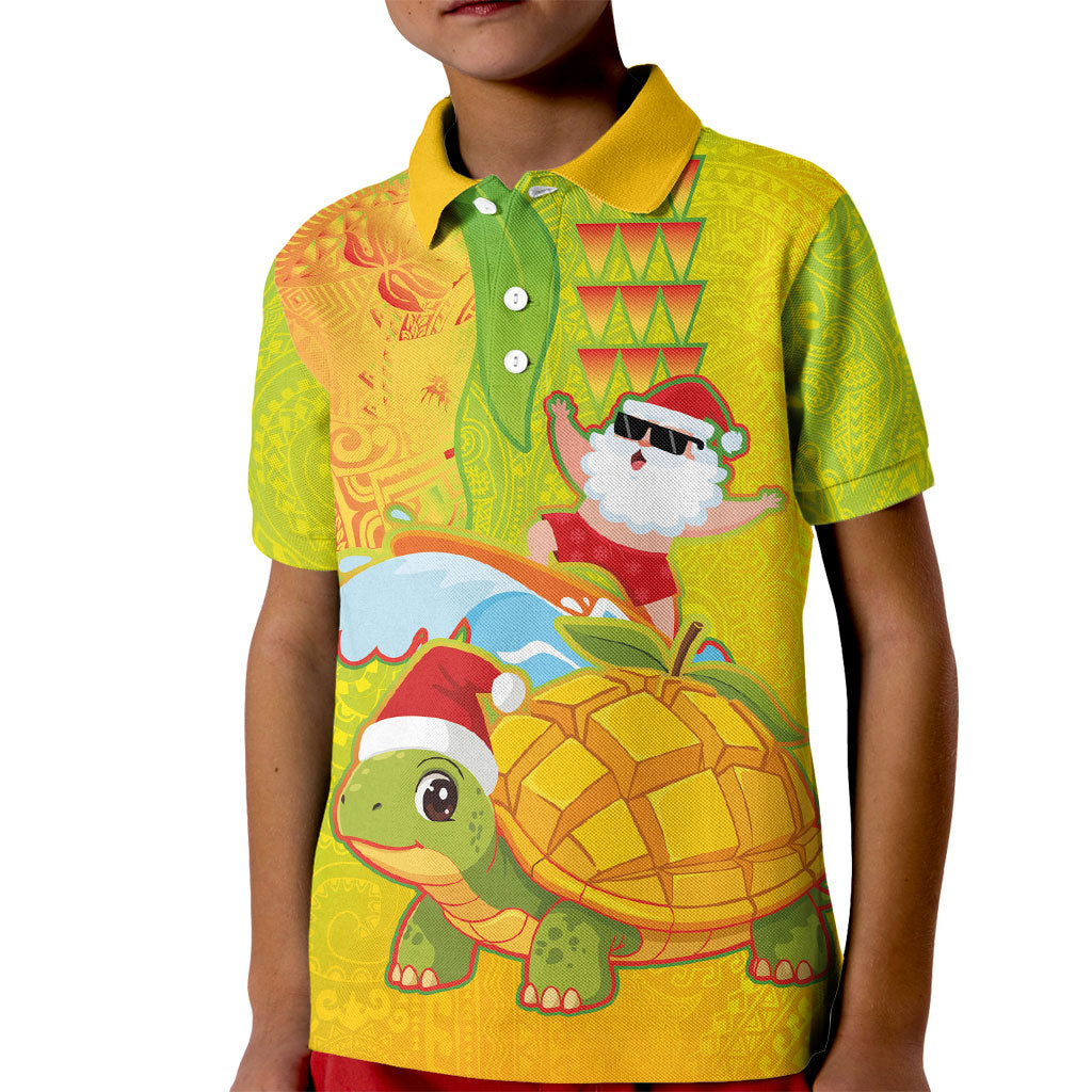 Hawaiian Mango Mele Kalikimaka Kid Polo Shirt Santa Claus Surfing with Turtle Mango Christmas LT03 Kid Multicolor - Polynesian Pride