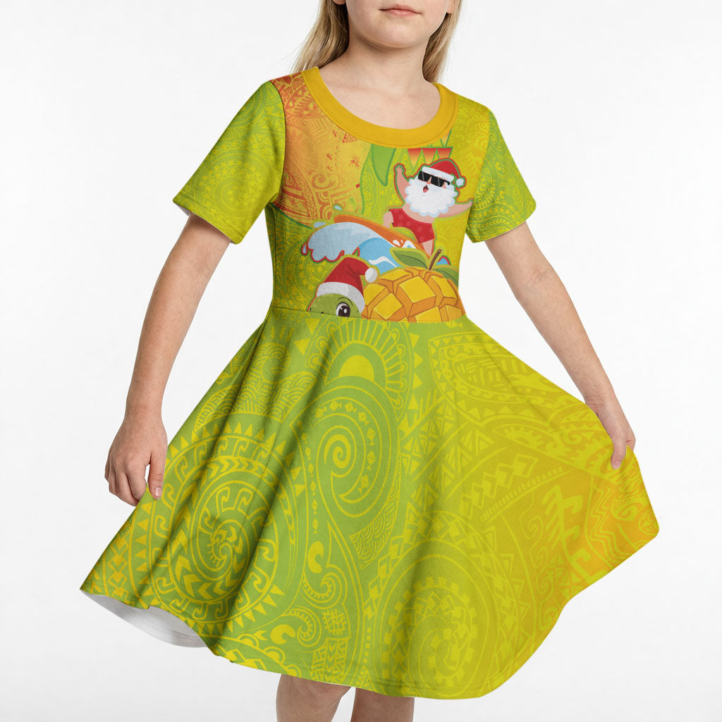 Hawaiian Mango Mele Kalikimaka Kid Short Sleeve Dress Santa Claus Surfing with Turtle Mango Christmas