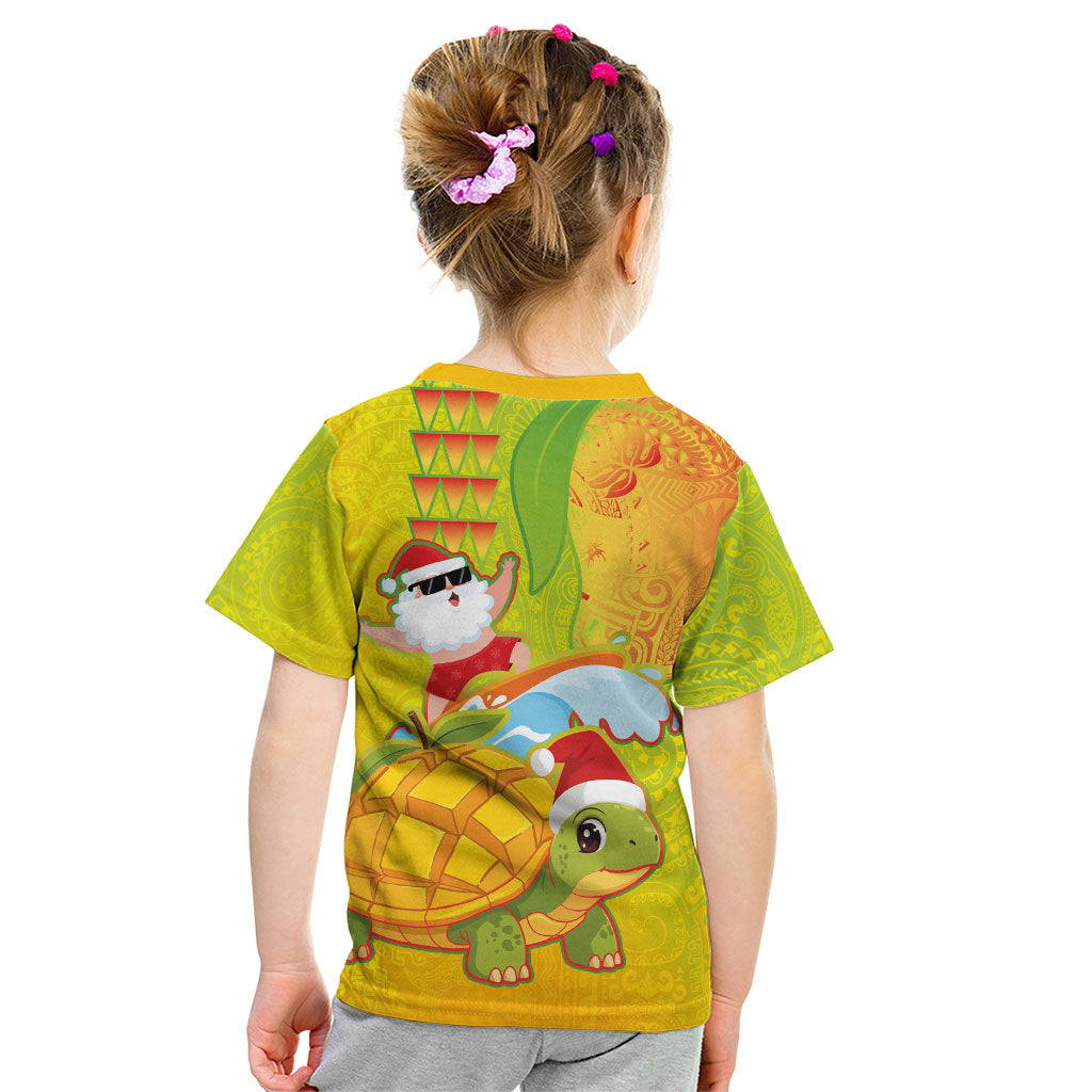 Hawaiian Mango Mele Kalikimaka Kid T Shirt Santa Claus Surfing with Turtle Mango Christmas