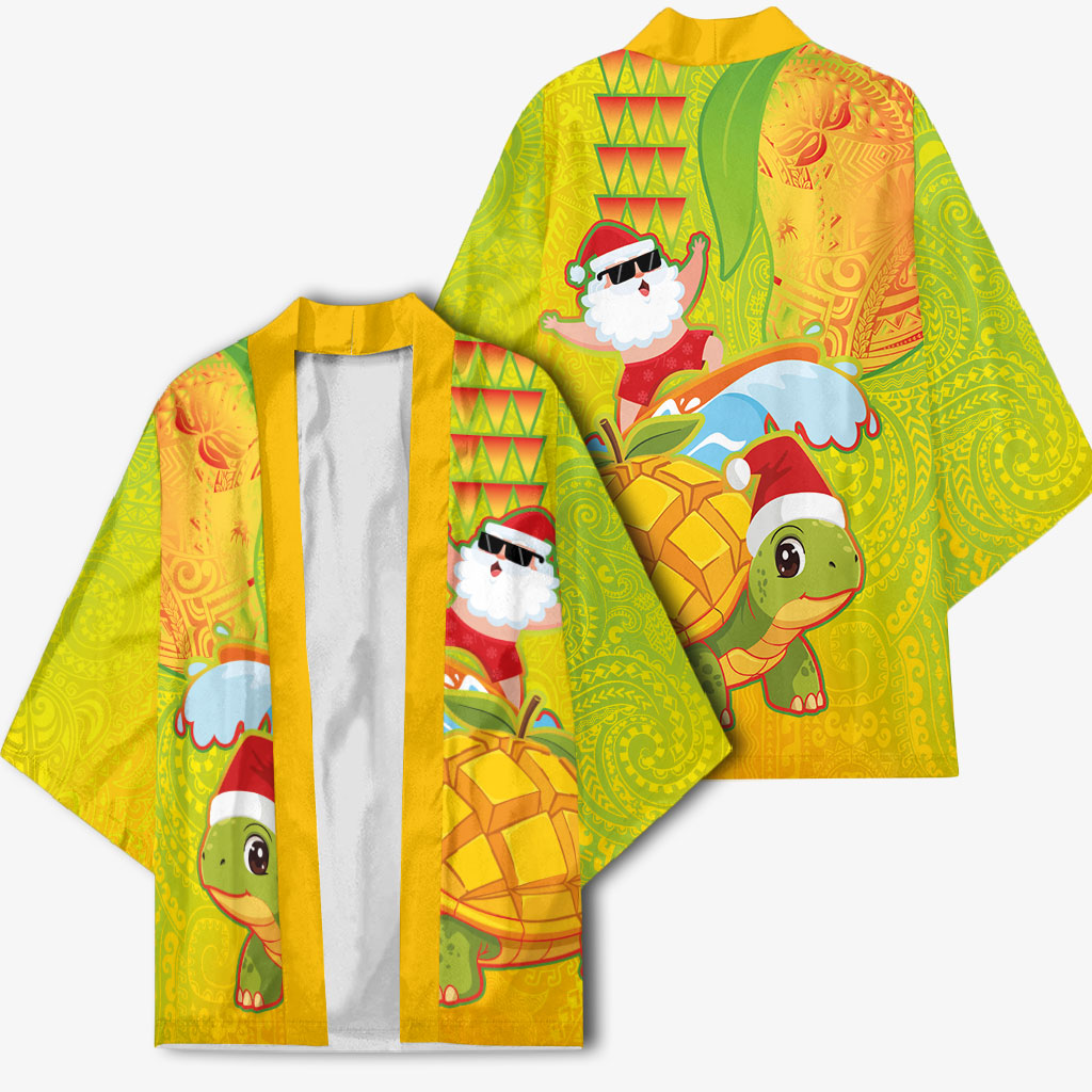 Hawaiian Mango Mele Kalikimaka Kimono Santa Claus Surfing with Turtle Mango Christmas