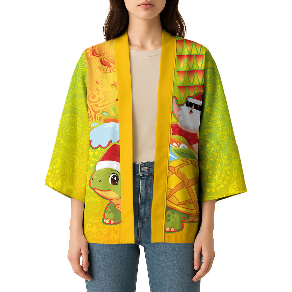 Hawaiian Mango Mele Kalikimaka Kimono Santa Claus Surfing with Turtle Mango Christmas