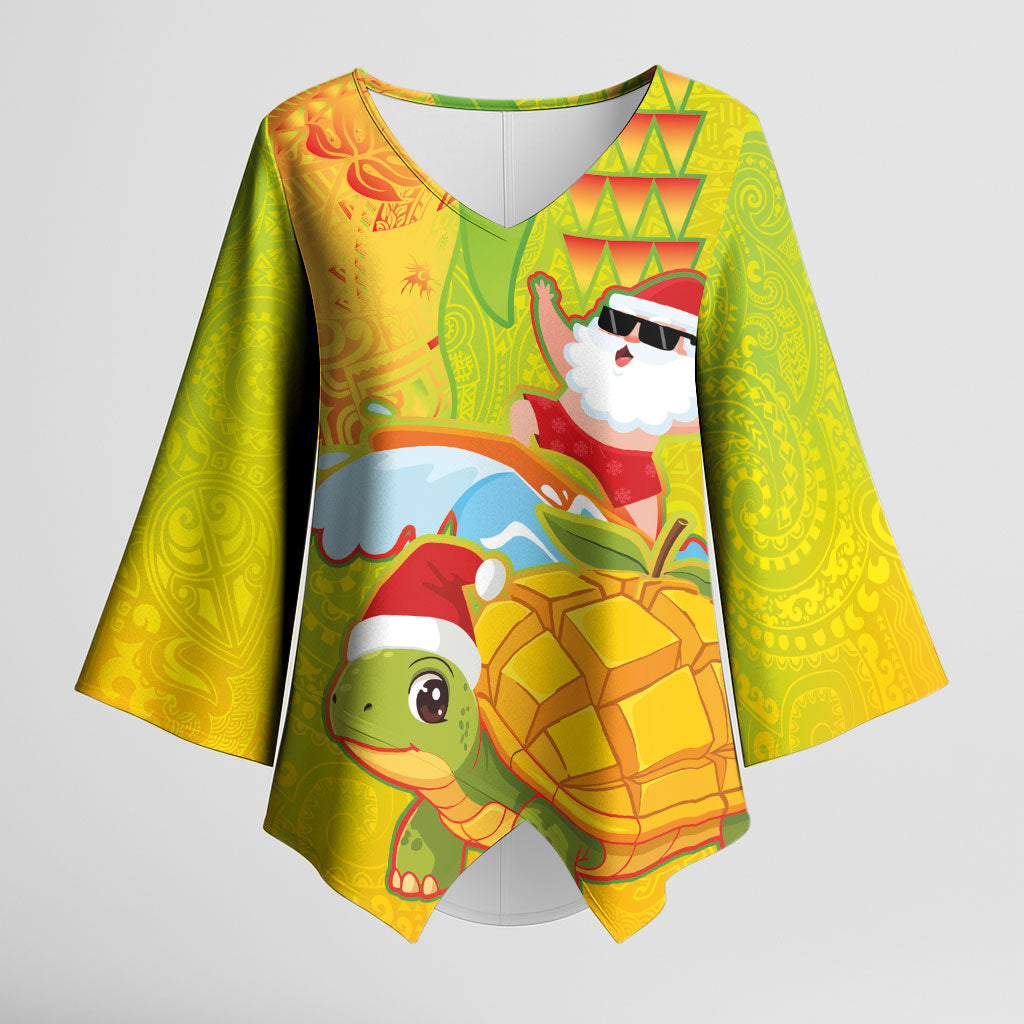 Hawaiian Mango Mele Kalikimaka Kimono Sleeve Blouse Santa Claus Surfing with Turtle Mango Christmas