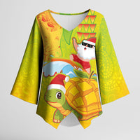 Hawaiian Mango Mele Kalikimaka Kimono Sleeve Blouse Santa Claus Surfing with Turtle Mango Christmas