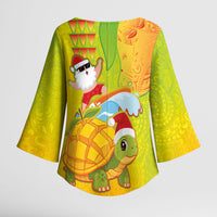 Hawaiian Mango Mele Kalikimaka Kimono Sleeve Blouse Santa Claus Surfing with Turtle Mango Christmas