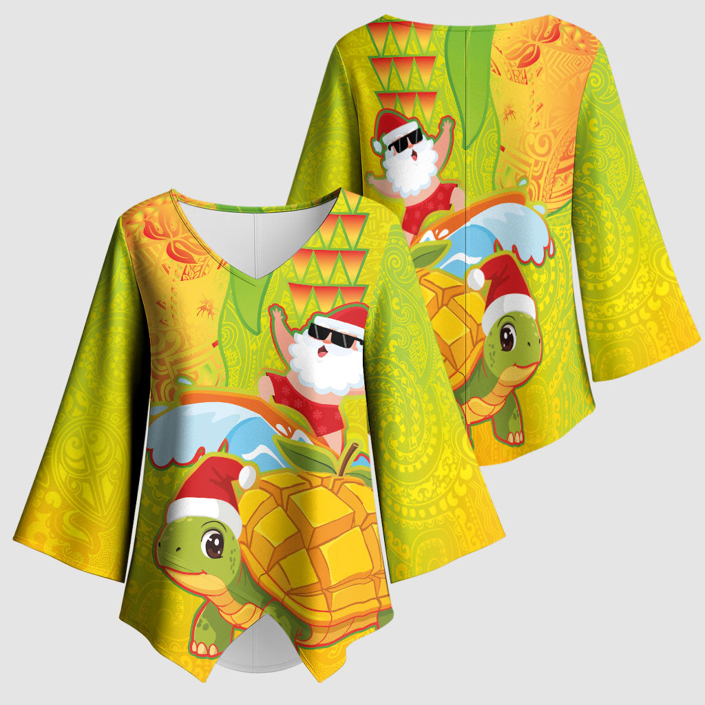 Hawaiian Mango Mele Kalikimaka Kimono Sleeve Blouse Santa Claus Surfing with Turtle Mango Christmas
