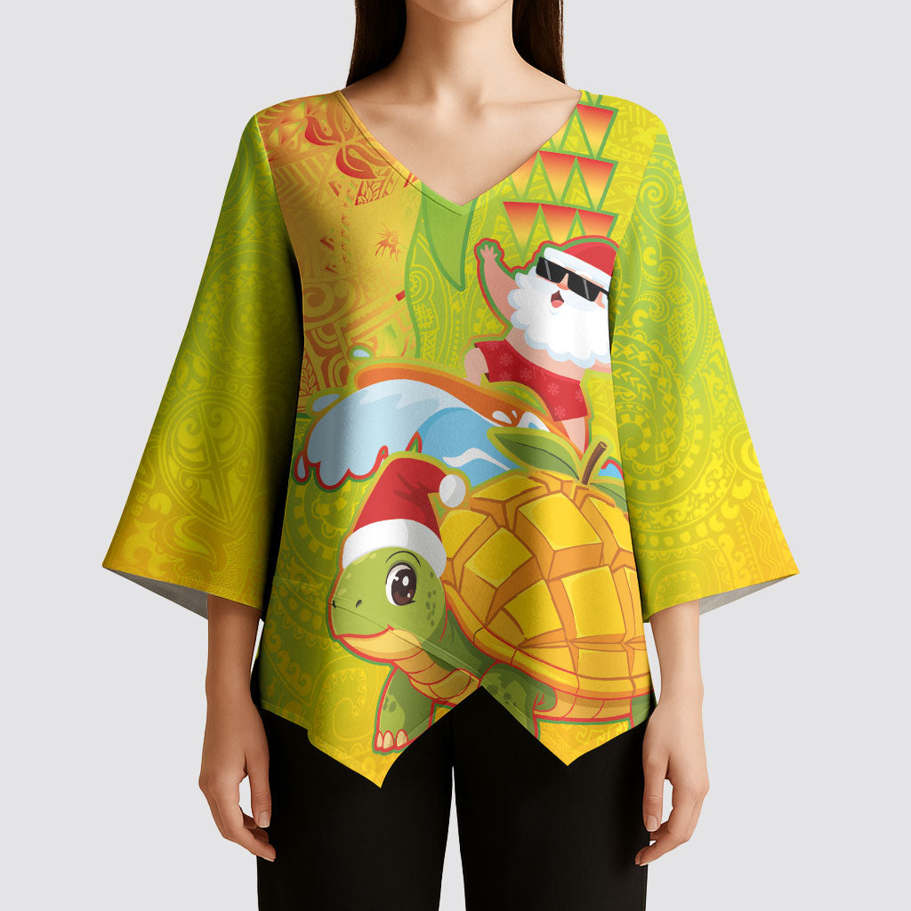 Hawaiian Mango Mele Kalikimaka Kimono Sleeve Blouse Santa Claus Surfing with Turtle Mango Christmas
