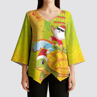 Hawaiian Mango Mele Kalikimaka Kimono Sleeve Blouse Santa Claus Surfing with Turtle Mango Christmas