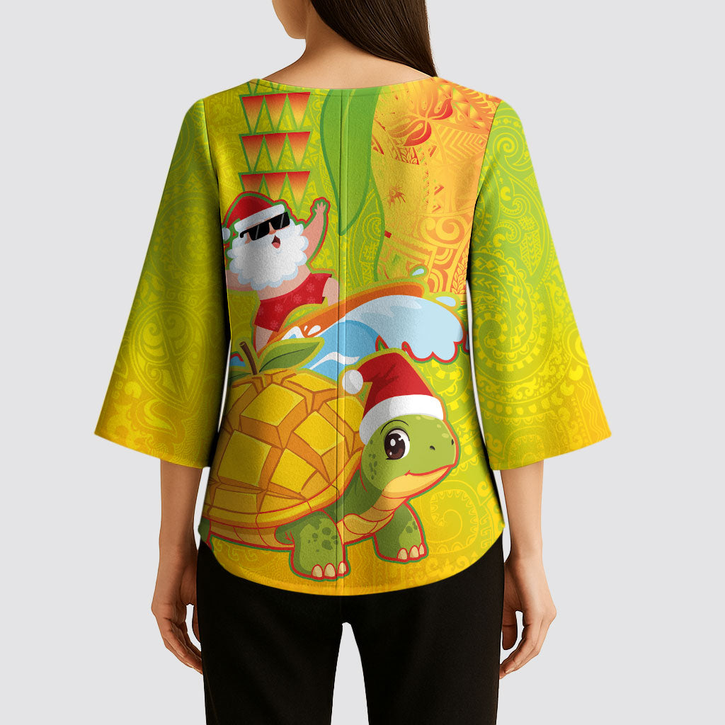 Hawaiian Mango Mele Kalikimaka Kimono Sleeve Blouse Santa Claus Surfing with Turtle Mango Christmas
