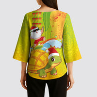Hawaiian Mango Mele Kalikimaka Kimono Sleeve Blouse Santa Claus Surfing with Turtle Mango Christmas