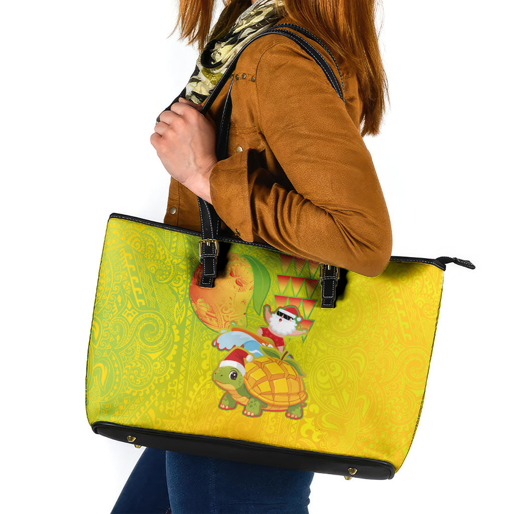 Hawaiian Mango Mele Kalikimaka Leather Tote Bag Santa Claus Surfing with Turtle Mango Christmas