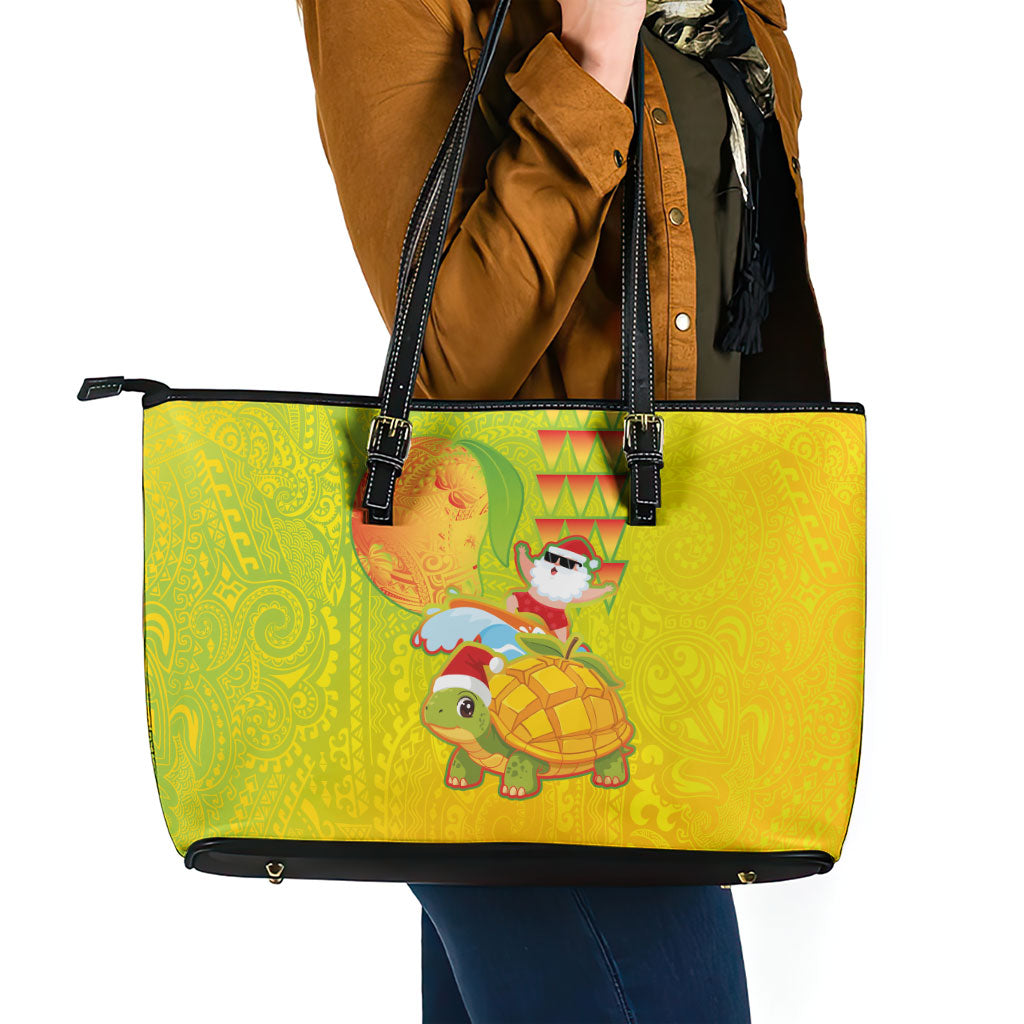 Hawaiian Mango Mele Kalikimaka Leather Tote Bag Santa Claus Surfing with Turtle Mango Christmas