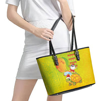 Hawaiian Mango Mele Kalikimaka Leather Tote Bag Santa Claus Surfing with Turtle Mango Christmas