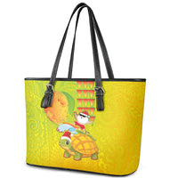 Hawaiian Mango Mele Kalikimaka Leather Tote Bag Santa Claus Surfing with Turtle Mango Christmas