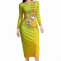 Hawaiian Mango Mele Kalikimaka Long Sleeve Bodycon Dress Santa Claus Surfing with Turtle Mango Christmas