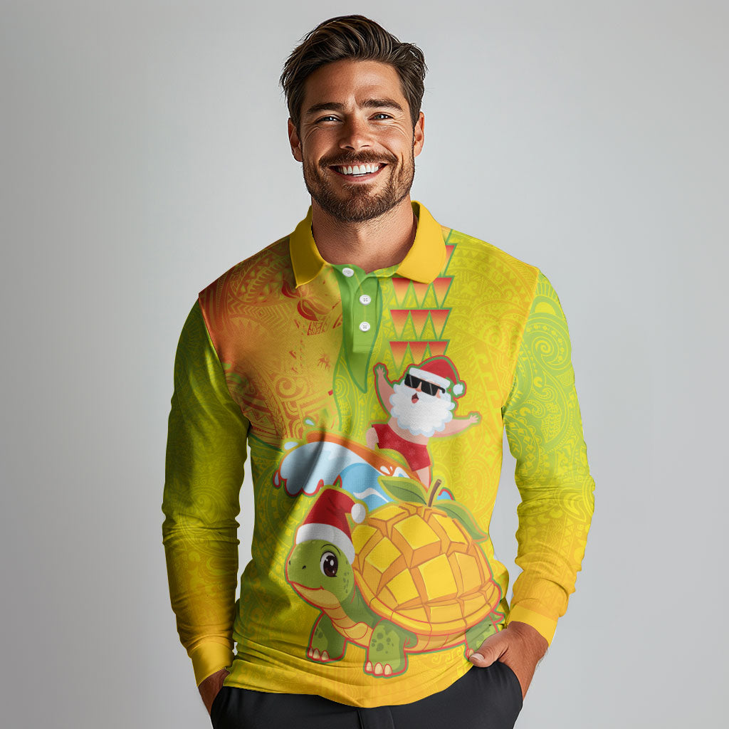 Hawaiian Mango Mele Kalikimaka Long Sleeve Polo Shirt Santa Claus Surfing with Turtle Mango Christmas