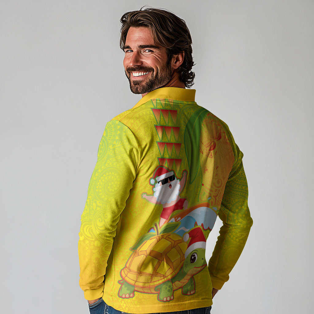 Hawaiian Mango Mele Kalikimaka Long Sleeve Polo Shirt Santa Claus Surfing with Turtle Mango Christmas
