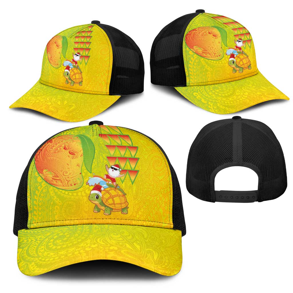 Hawaiian Mango Mele Kalikimaka Mesh Trucker Cap Santa Claus Surfing with Mango Christmas Turtle