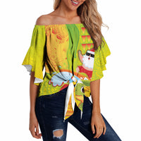 Hawaiian Mango Mele Kalikimaka Off Shoulder Wrap Waist Top Santa Claus Surfing with Turtle Mango Christmas