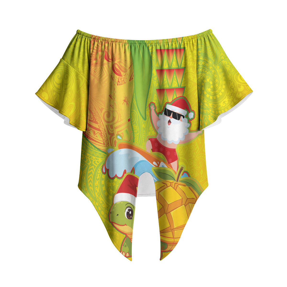 Hawaiian Mango Mele Kalikimaka Off Shoulder Wrap Waist Top Santa Claus Surfing with Turtle Mango Christmas